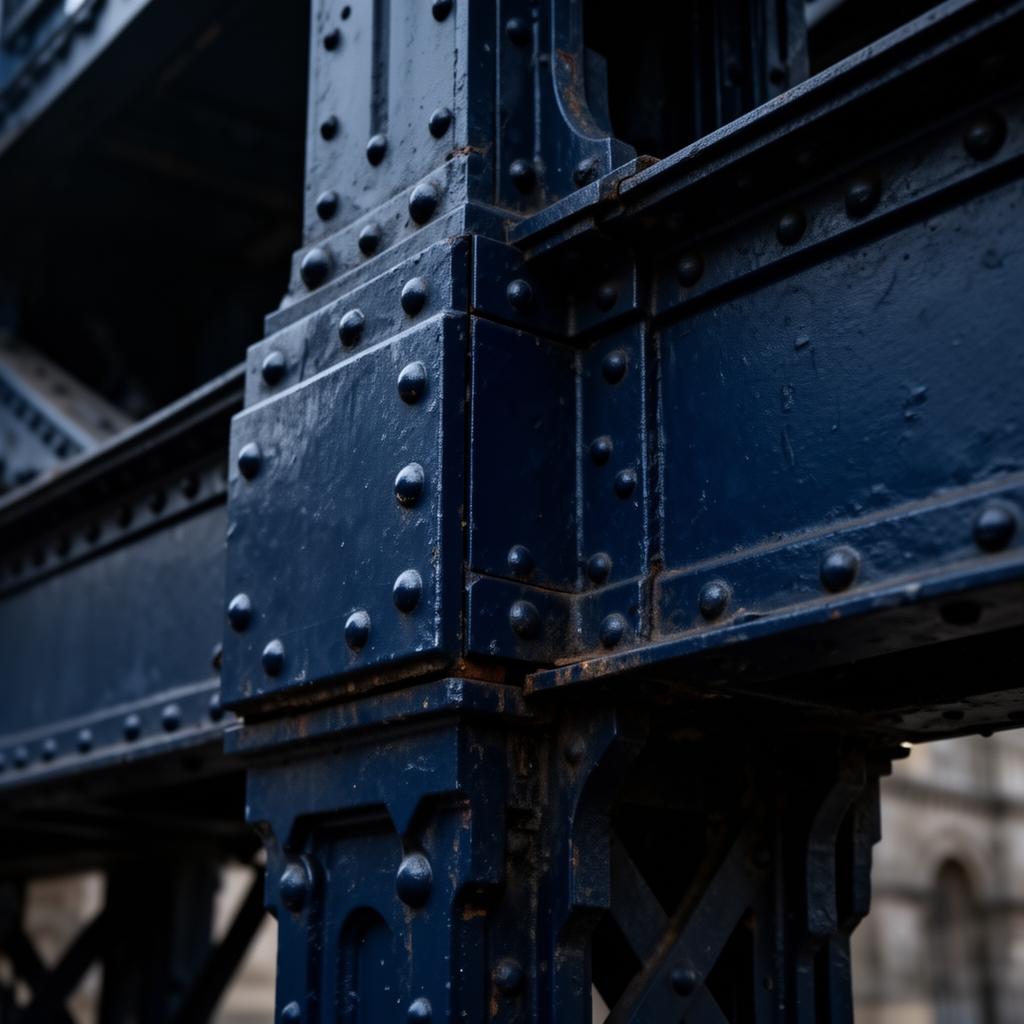 Riveted Victorian iron bridge structural joint in deep navy tones